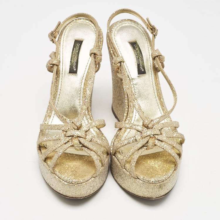 Pre Owned Dolce & Gabbana Gold Glitter and Canvas Wedge Sandals Size 36