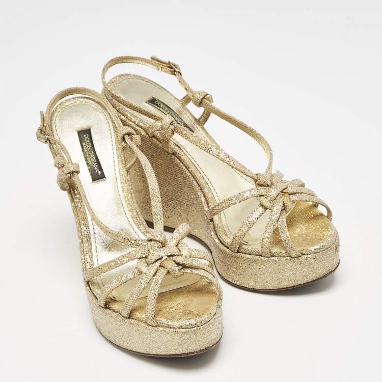 Pre Owned Dolce & Gabbana Gold Glitter and Canvas Wedge Sandals Size 36