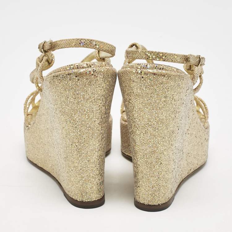 Pre Owned Dolce & Gabbana Gold Glitter and Canvas Wedge Sandals Size 36