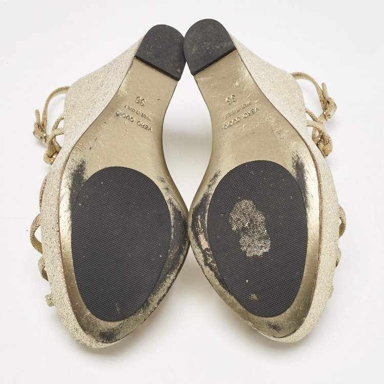 Pre Owned Dolce & Gabbana Gold Glitter and Canvas Wedge Sandals Size 36