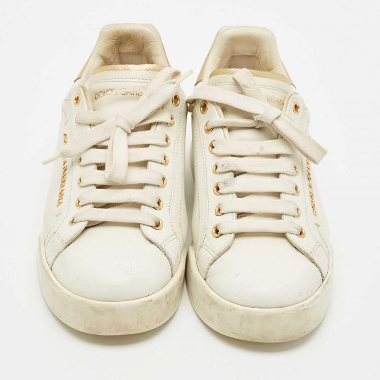 Pre Owned Dolce & Gabbana White Leather Pearl Embellished Portofino Sneakers Size 38