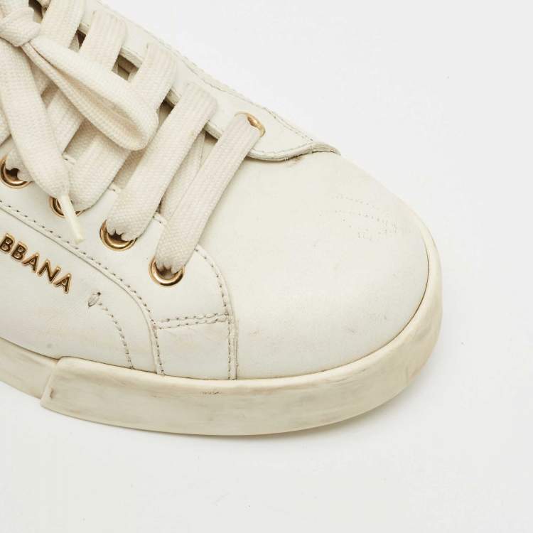 Pre Owned Dolce & Gabbana White Leather Pearl Embellished Portofino Sneakers Size 38
