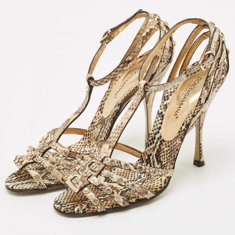 Pre Owned Dolce & Gabbana Brown/Beige Python Crystal Embellished T-Strap Sandals Size 38