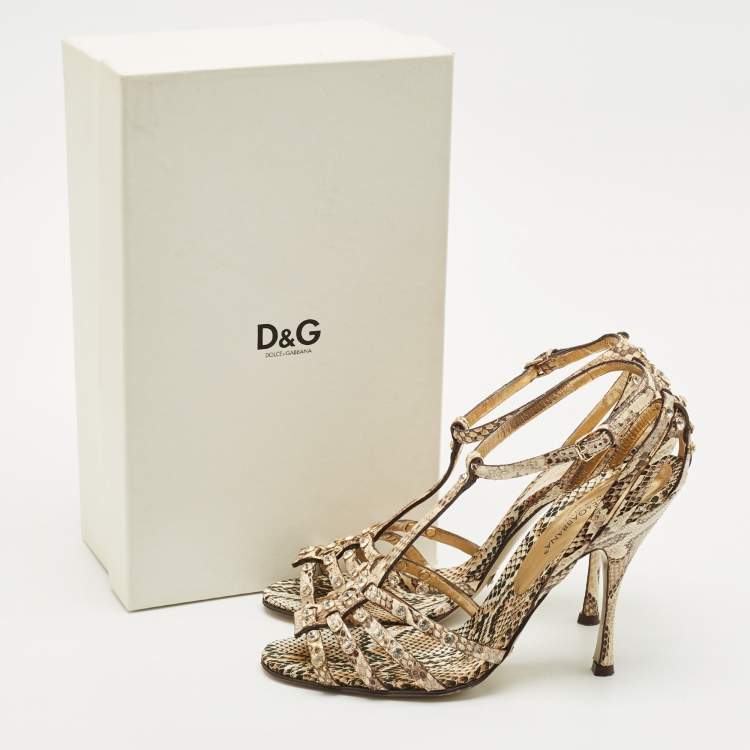 Pre Owned Dolce & Gabbana Brown/Beige Python Crystal Embellished T-Strap Sandals Size 38