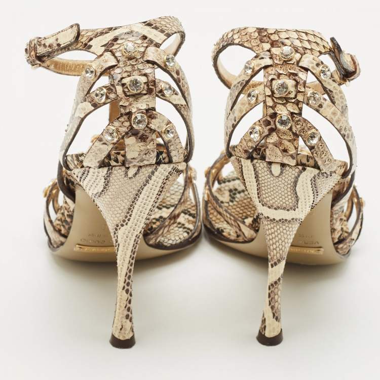 Pre Owned Dolce & Gabbana Brown/Beige Python Crystal Embellished T-Strap Sandals Size 38