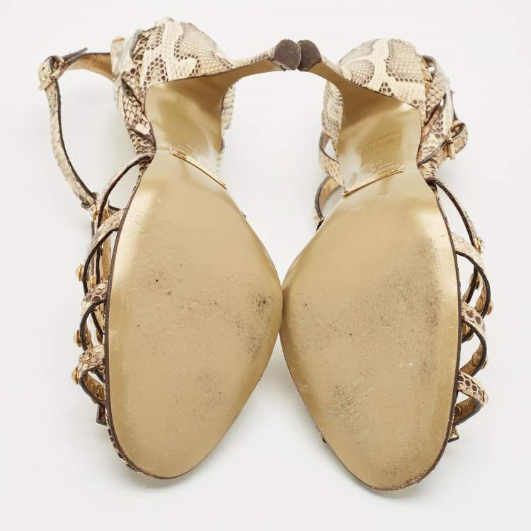 Pre Owned Dolce & Gabbana Brown/Beige Python Crystal Embellished T-Strap Sandals Size 38