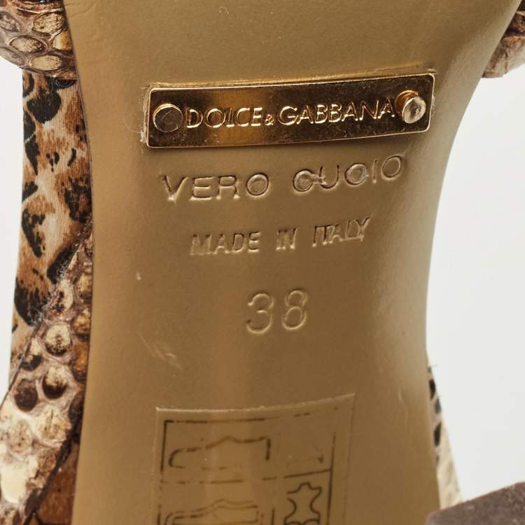Pre Owned Dolce & Gabbana Brown/Beige Python Crystal Embellished T-Strap Sandals Size 38