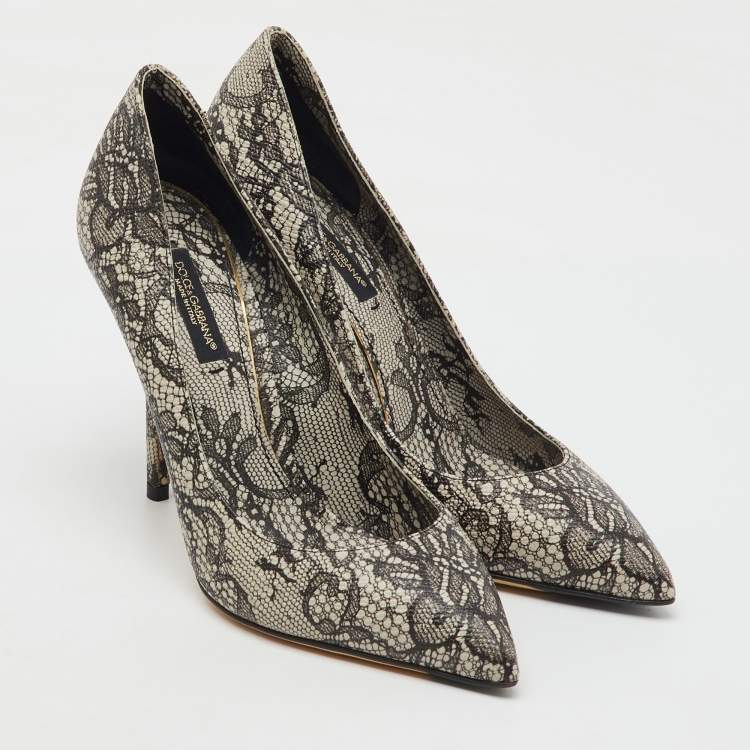 Pre Owned Dolce & Gabbana Black/Beige Leather Lace Printed Chantilly Pointed Toe Pumps Size 36