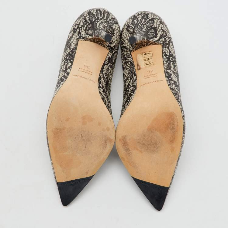 Pre Owned Dolce & Gabbana Black/Beige Leather Lace Printed Chantilly Pointed Toe Pumps Size 36