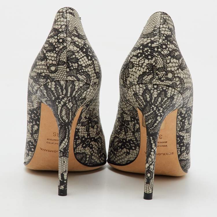 Pre Owned Dolce & Gabbana Black/Beige Leather Lace Printed Chantilly Pointed Toe Pumps Size 36