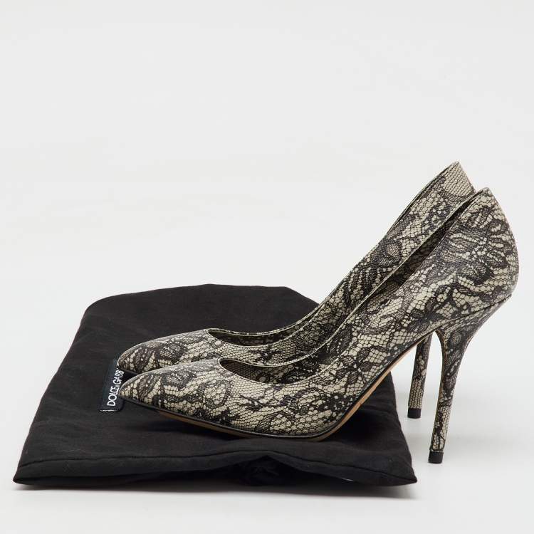 Pre Owned Dolce & Gabbana Black/Beige Leather Lace Printed Chantilly Pointed Toe Pumps Size 36