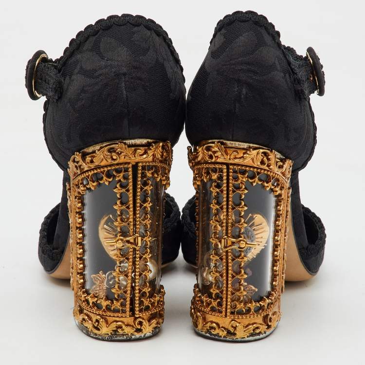 Pre Owned Dolce & Gabbana Black Brocade Fabric Sacred Heart T-Strap Pumps Size 37