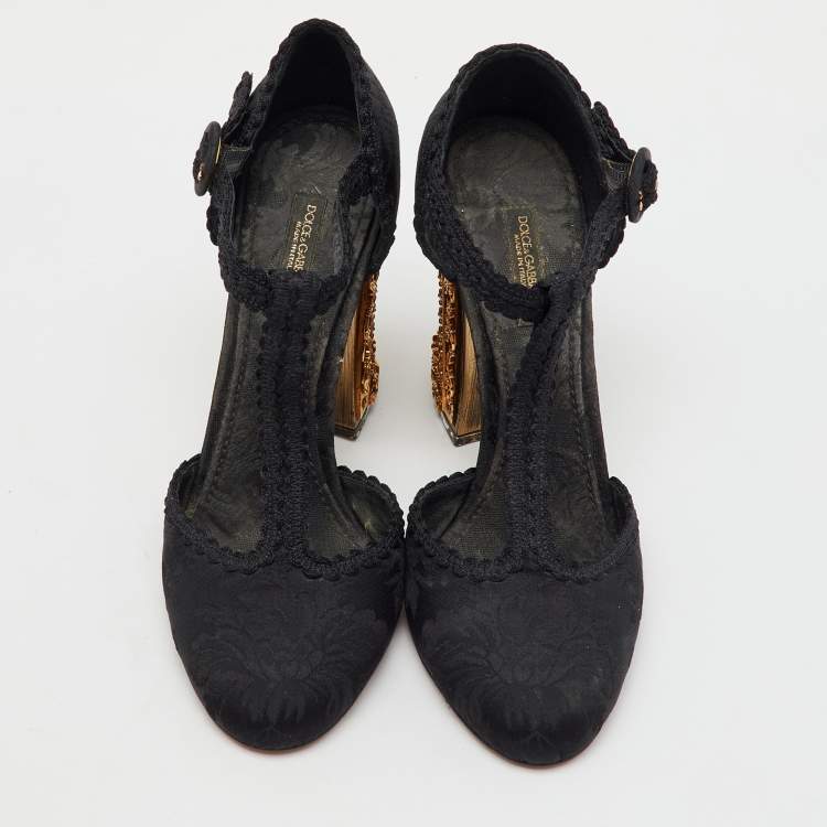 Pre Owned Dolce & Gabbana Black Brocade Fabric Sacred Heart T-Strap Pumps Size 37