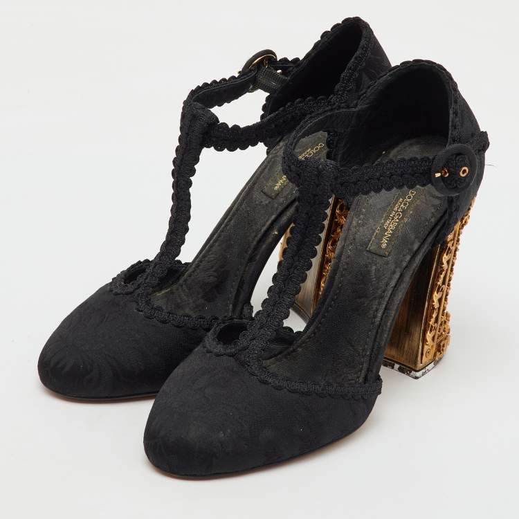 Pre Owned Dolce & Gabbana Black Brocade Fabric Sacred Heart T-Strap Pumps Size 37