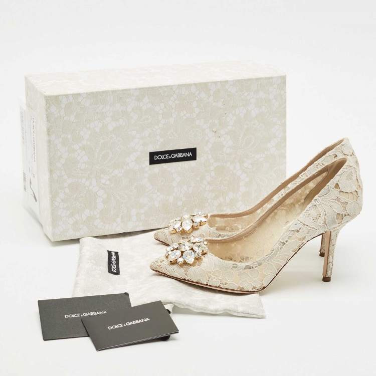 Pre Owned Dolce & Gabbana Off White Lace and Mesh Bellucci Pumps Size 38.5