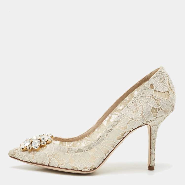 Pre Owned Dolce & Gabbana Off White Lace and Mesh Bellucci Pumps Size 38.5