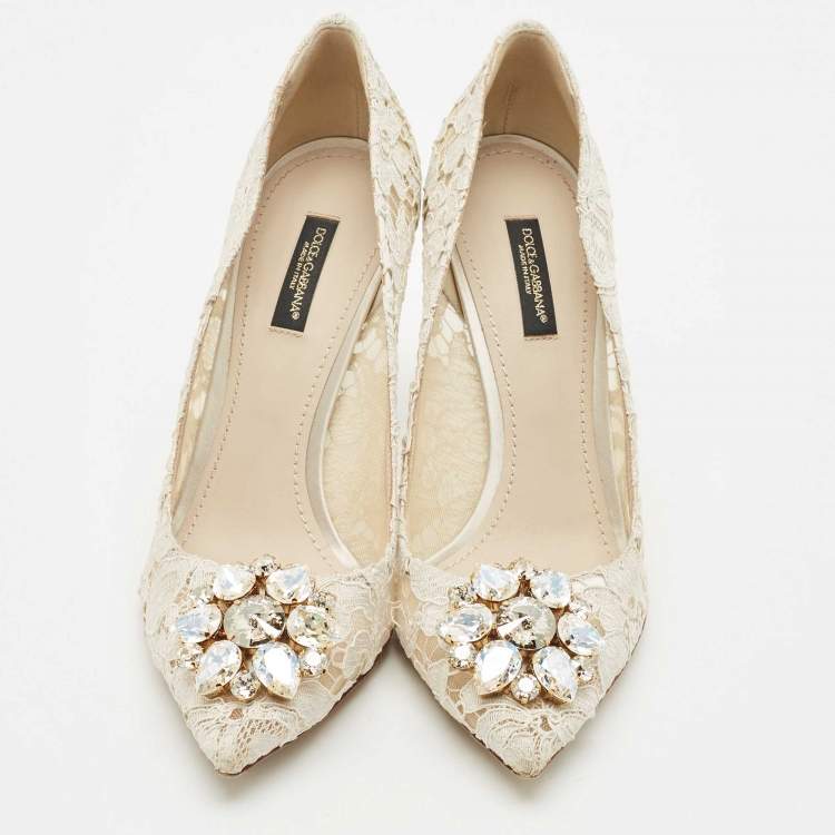 Pre Owned Dolce & Gabbana Off White Lace and Mesh Bellucci Pumps Size 38.5