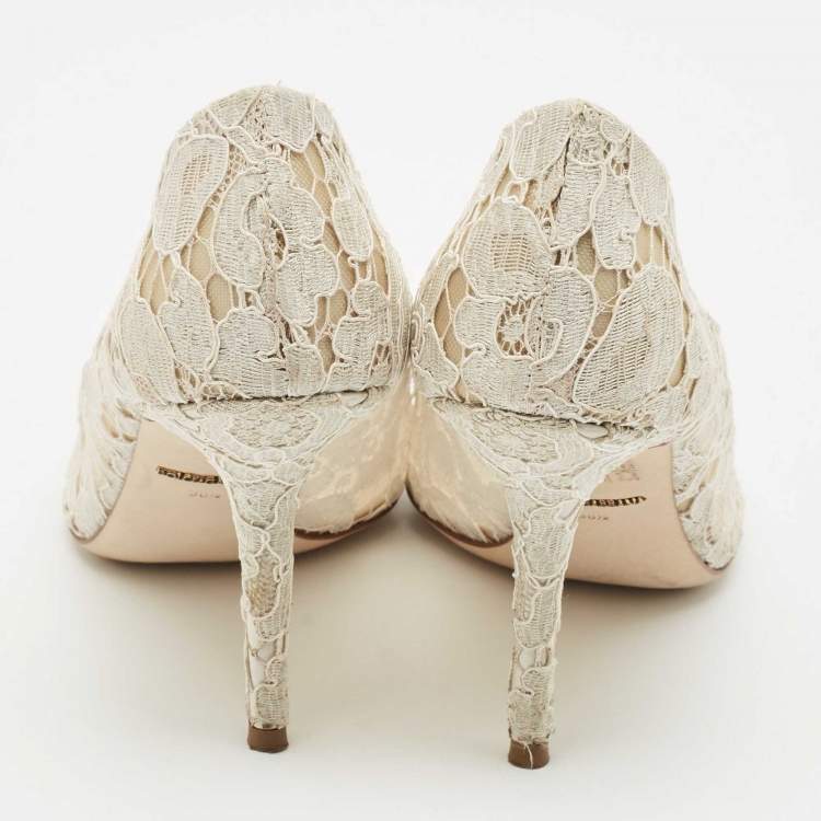 Pre Owned Dolce & Gabbana Off White Lace and Mesh Bellucci Pumps Size 38.5