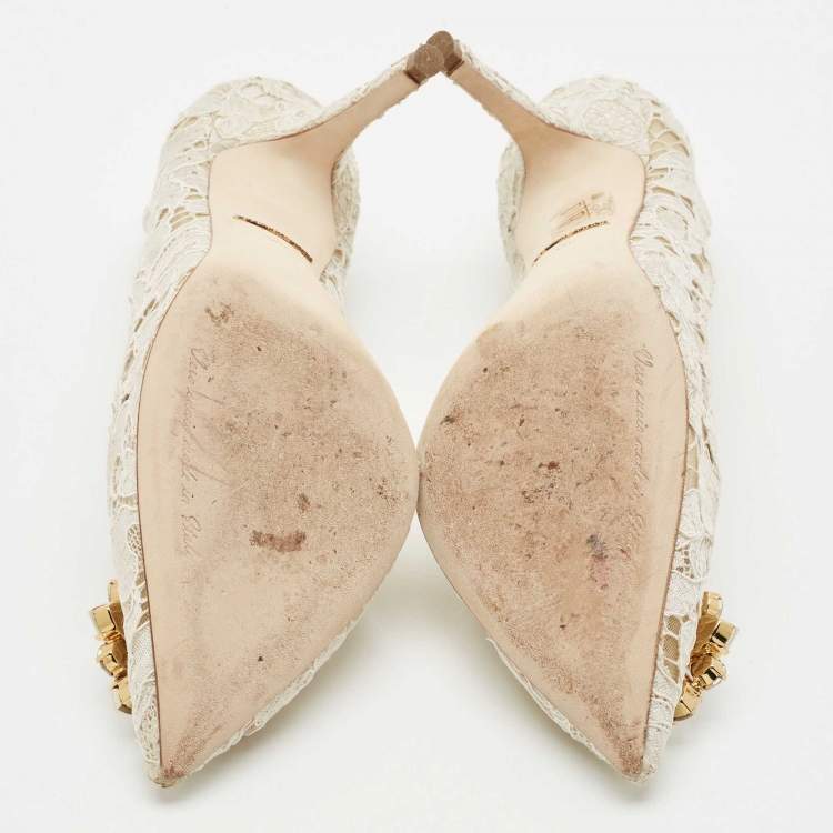 Pre Owned Dolce & Gabbana Off White Lace and Mesh Bellucci Pumps Size 38.5