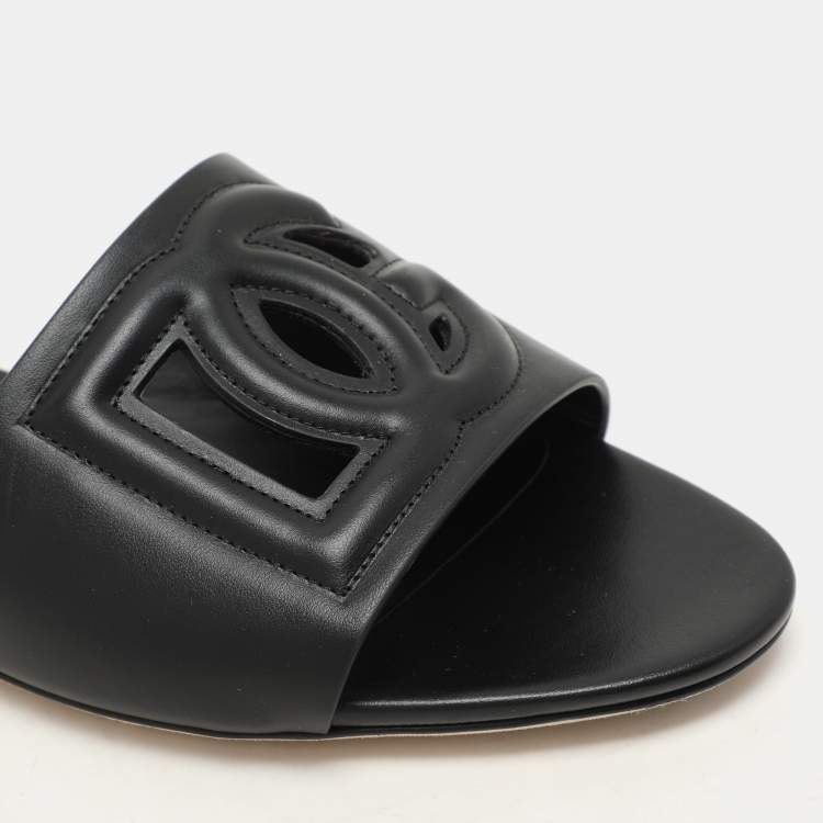 Pre Owned Dolce & Gabbana Black Leather DG Logo Flat Slides Size 40