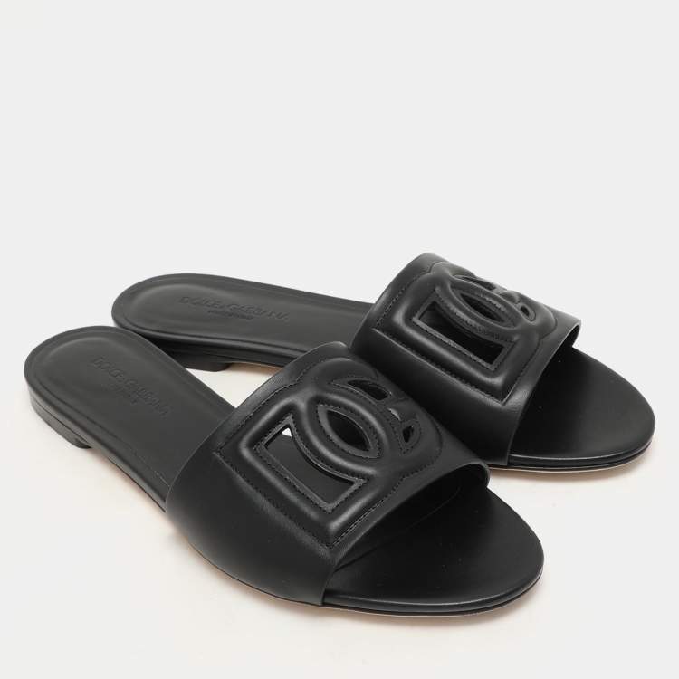 Pre Owned Dolce & Gabbana Black Leather DG Logo Flat Slides Size 40