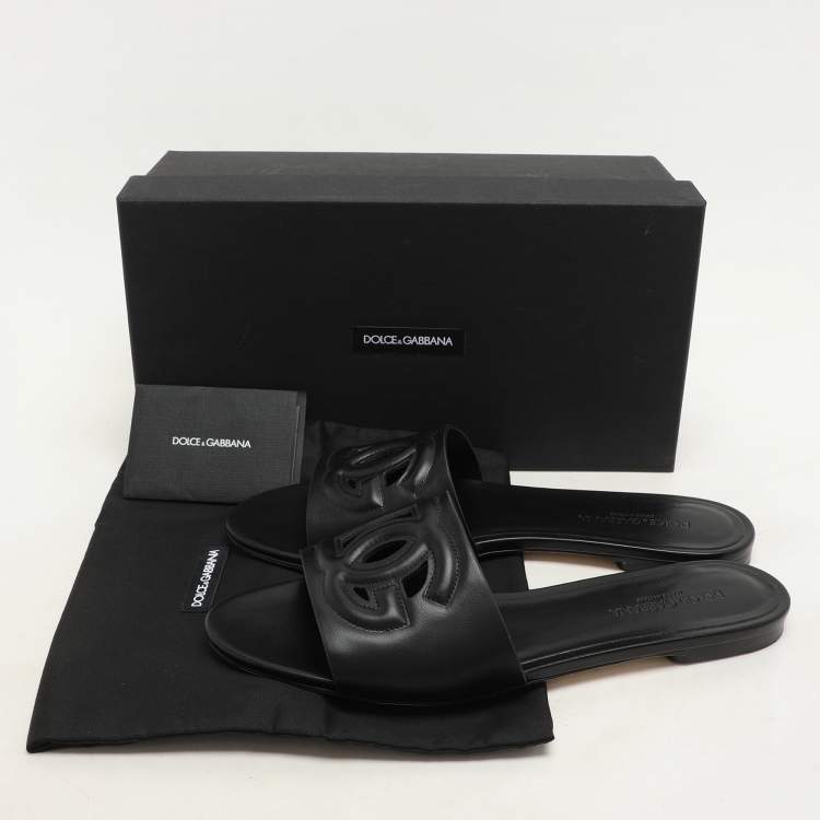 Pre Owned Dolce & Gabbana Black Leather DG Logo Flat Slides Size 40