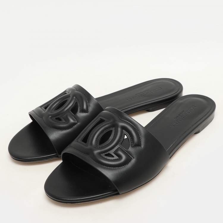Pre Owned Dolce & Gabbana Black Leather DG Logo Flat Slides Size 40