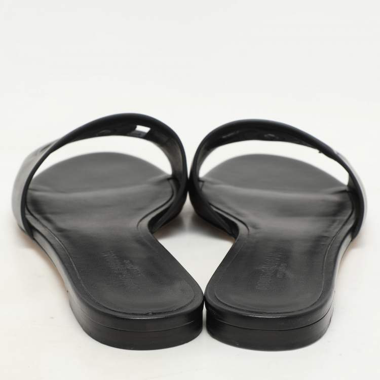Pre Owned Dolce & Gabbana Black Leather DG Logo Flat Slides Size 40