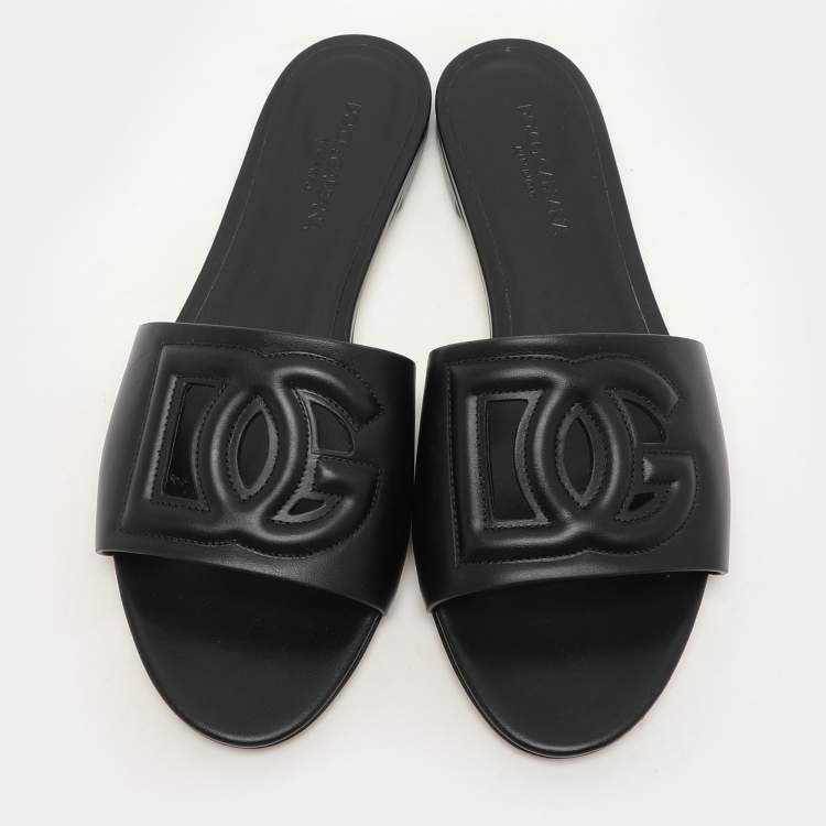 Pre Owned Dolce & Gabbana Black Leather DG Logo Flat Slides Size 40