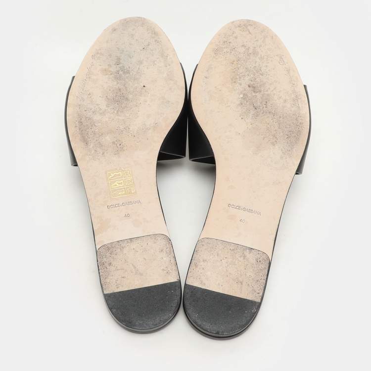 Pre Owned Dolce & Gabbana Black Leather DG Logo Flat Slides Size 40