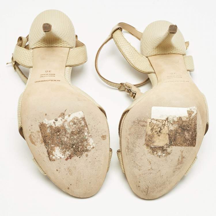 Pre Owned Dolce & Gabbana Beige Lizard Crystal Embellished Ankle Strap Sandals Size 38