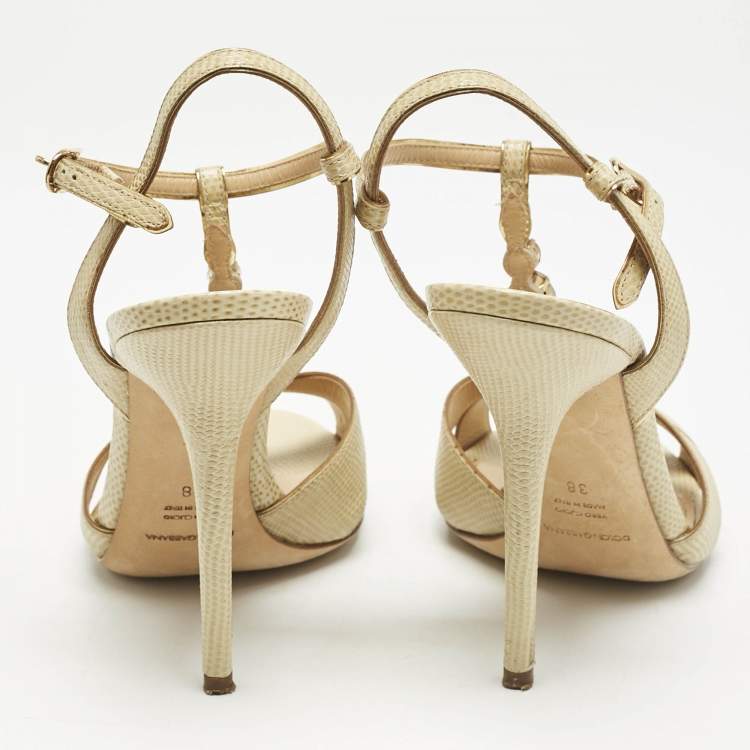 Pre Owned Dolce & Gabbana Beige Lizard Crystal Embellished Ankle Strap Sandals Size 38