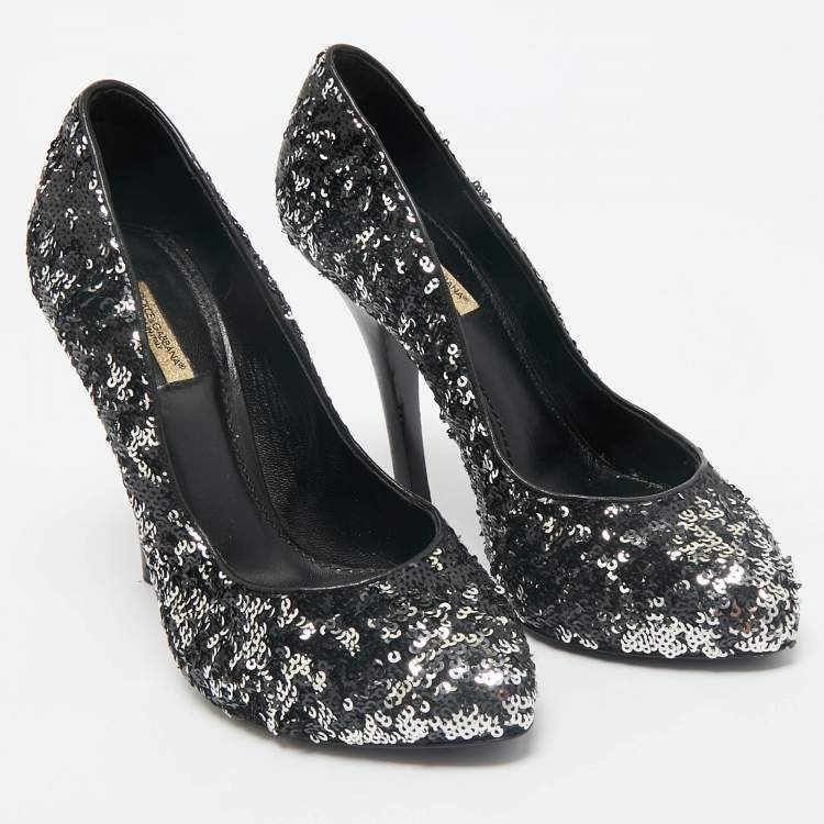 Pre Owned Dolce & Gabbana Black/Silver Sequin Platform Pumps Size 38