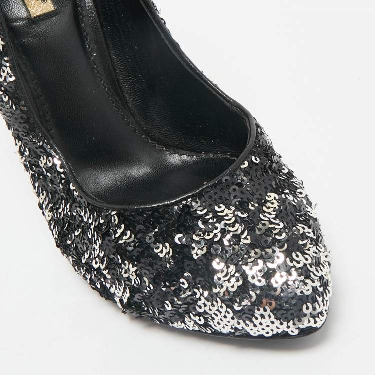 Pre Owned Dolce & Gabbana Black/Silver Sequin Platform Pumps Size 38