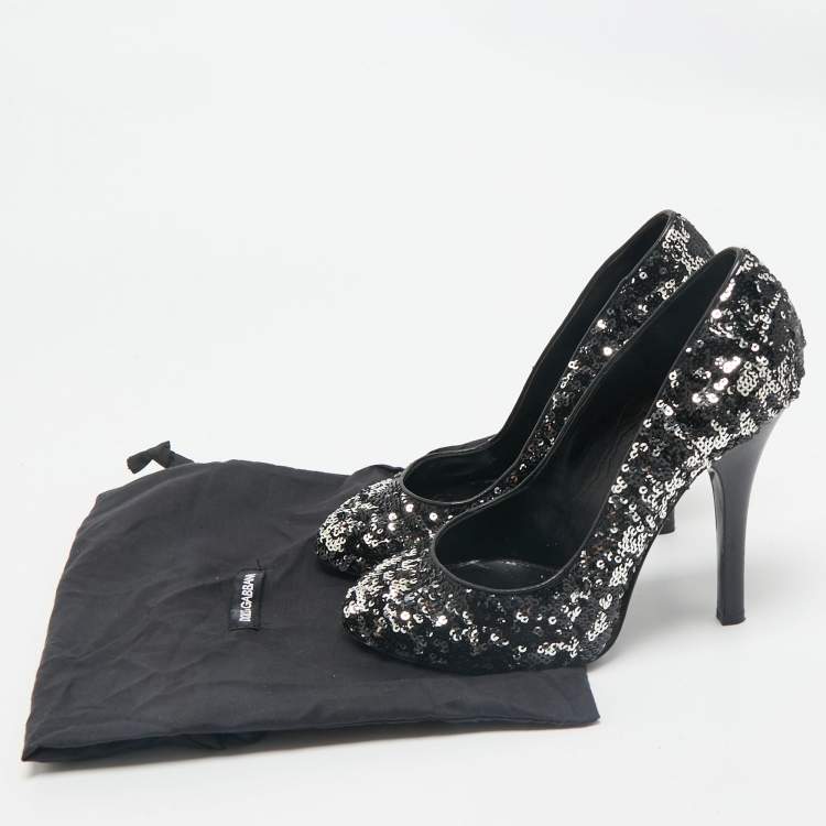 Pre Owned Dolce & Gabbana Black/Silver Sequin Platform Pumps Size 38