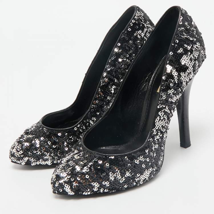 Pre Owned Dolce & Gabbana Black/Silver Sequin Platform Pumps Size 38