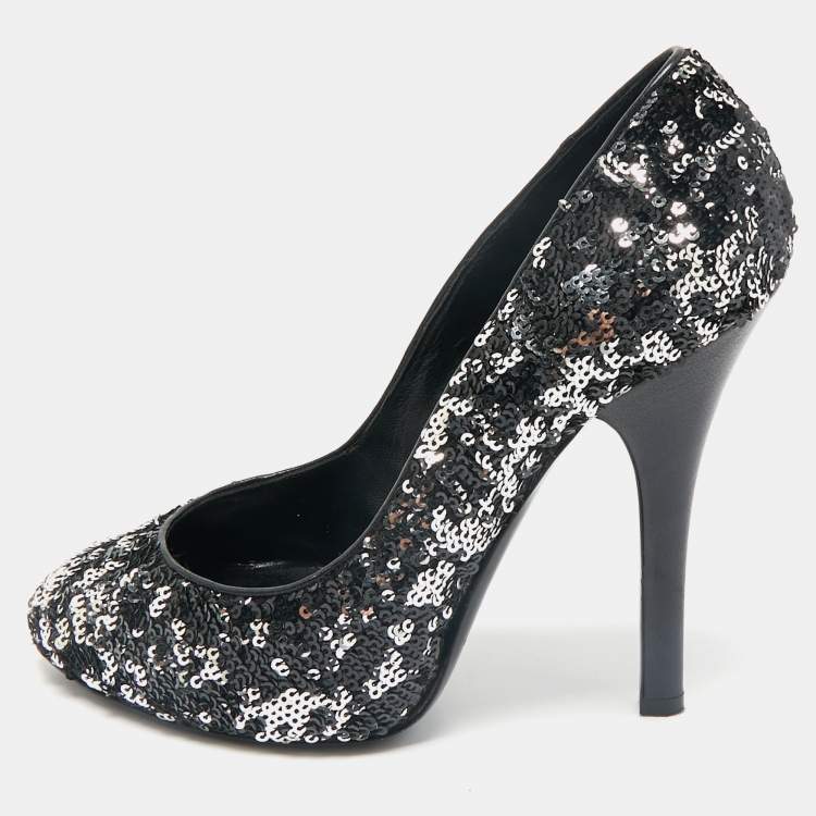 Pre Owned Dolce & Gabbana Black/Silver Sequin Platform Pumps Size 38
