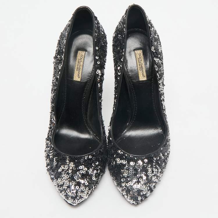Pre Owned Dolce & Gabbana Black/Silver Sequin Platform Pumps Size 38