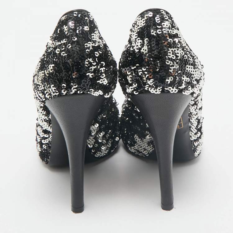 Pre Owned Dolce & Gabbana Black/Silver Sequin Platform Pumps Size 38
