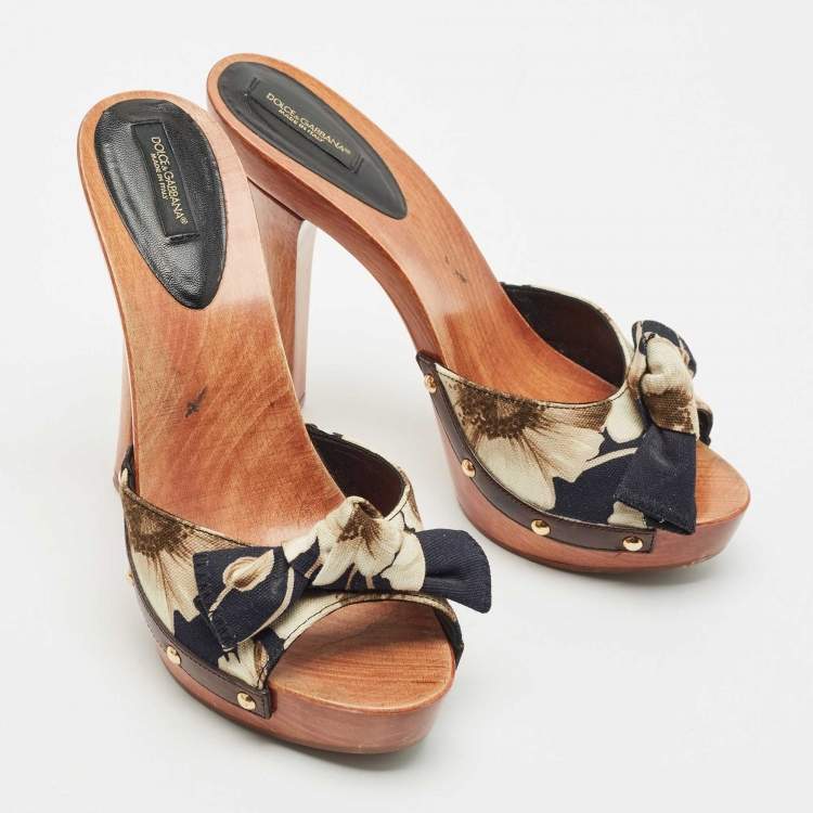 Pre Owned Dolce & Gabbana Black/White Leather and Canvas Wooden Slides Size 38