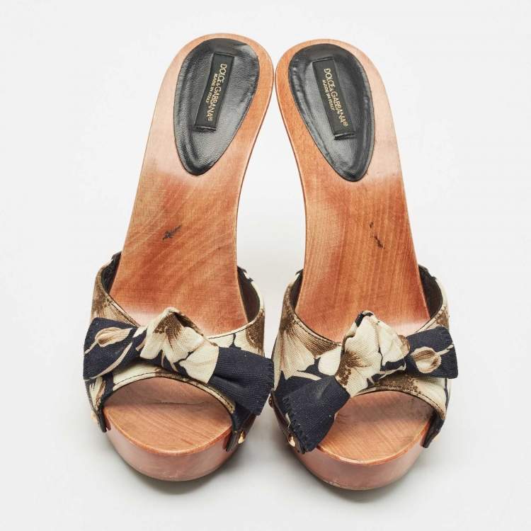 Pre Owned Dolce & Gabbana Black/White Leather and Canvas Wooden Slides Size 38