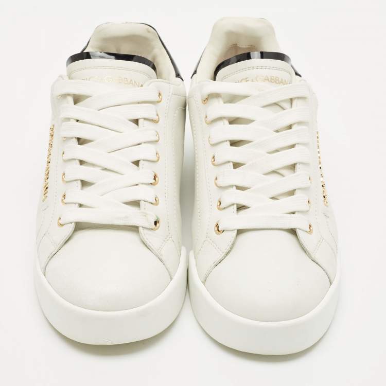 Pre Owned Dolce & Gabbana White Leather Portofino Embellished Low Top Sneakers Size 39.5