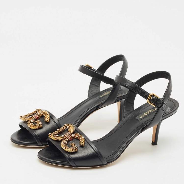 Pre Owned Dolce & Gabbana Black Leather DG Amore Ankle Strap Sandals Size 38
