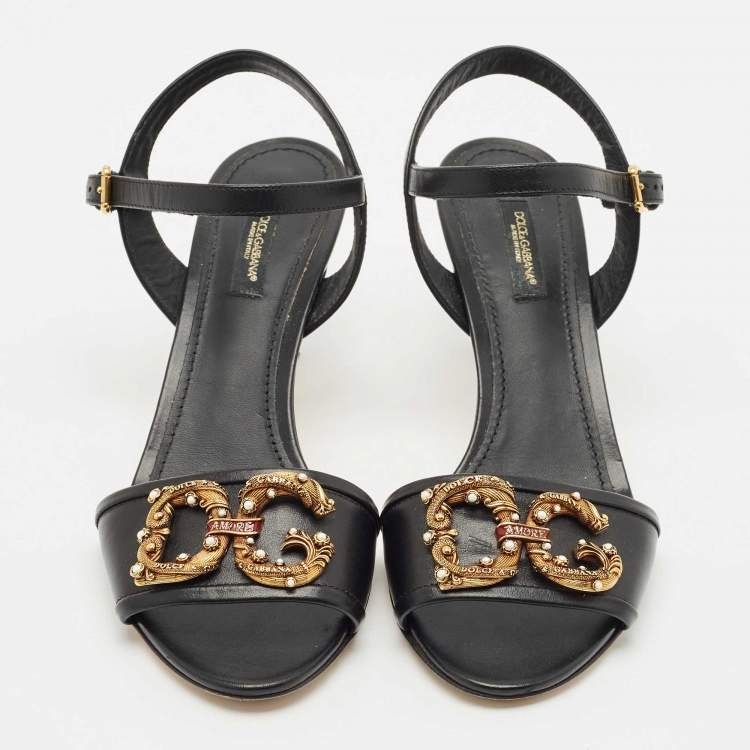 Pre Owned Dolce & Gabbana Black Leather DG Amore Ankle Strap Sandals Size 38