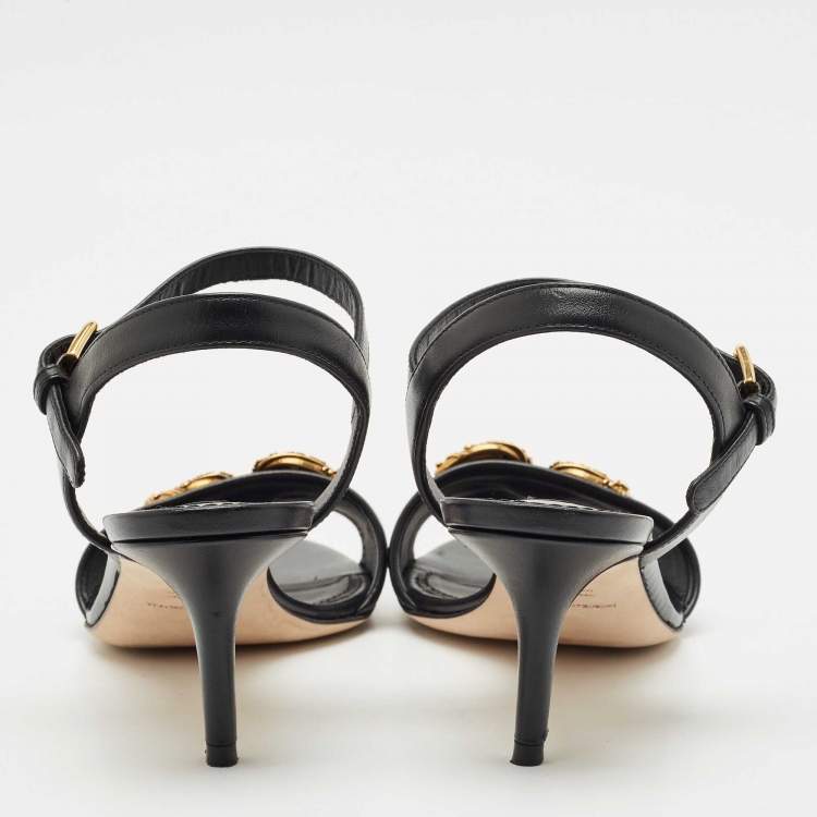 Pre Owned Dolce & Gabbana Black Leather DG Amore Ankle Strap Sandals Size 38