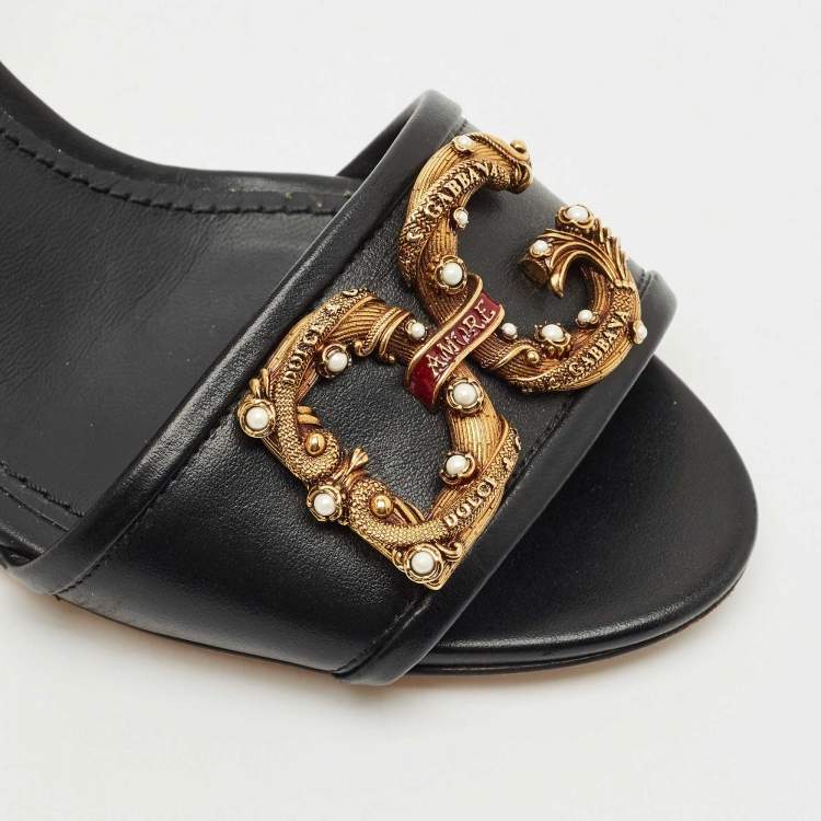 Pre Owned Dolce & Gabbana Black Leather DG Amore Ankle Strap Sandals Size 38