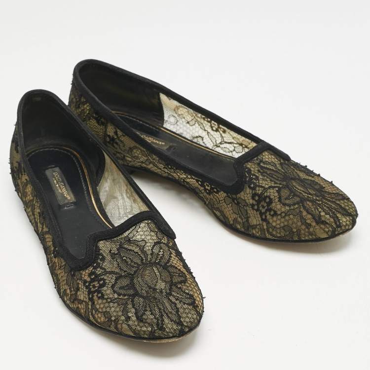 Pre Owned Dolce & Gabbana Black Lace Smoking Slippers Size 37.5