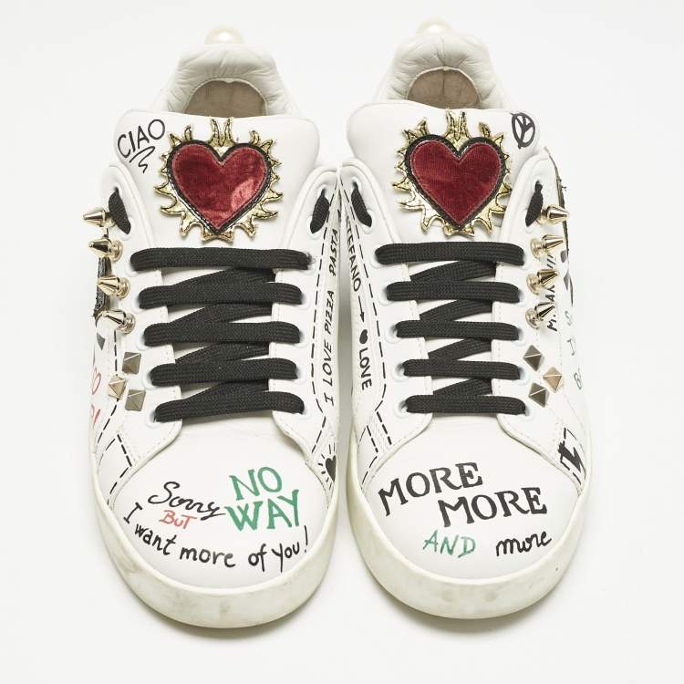 Pre Owned Dolce & Gabbana White Leather Portofino Graffiti Heart Applique Low top Sneakers Size 39