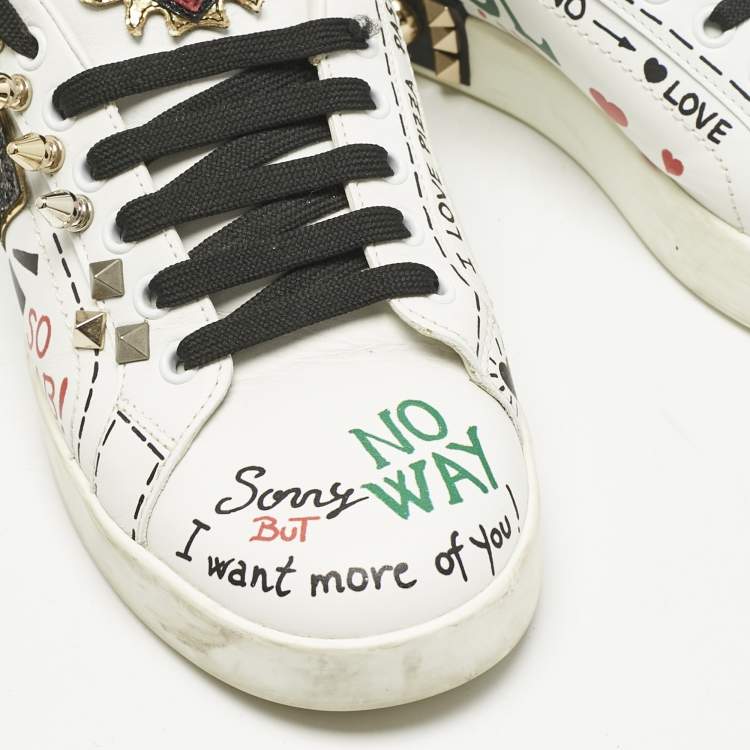 Pre Owned Dolce & Gabbana White Leather Portofino Graffiti Heart Applique Low top Sneakers Size 39