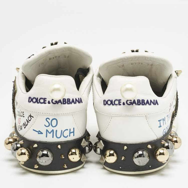 Pre Owned Dolce & Gabbana White Leather Portofino Graffiti Heart Applique Low top Sneakers Size 39